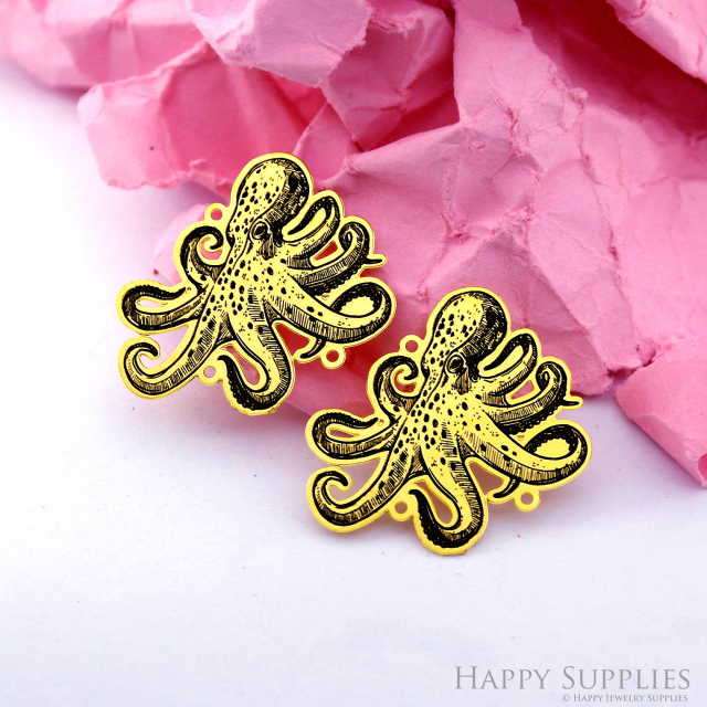 Making Jewelry Findings Raw Brass Bead Pendant Laser Cut Engraved Black Octopus Charm For DIY Necklace Earrings(ERD305)