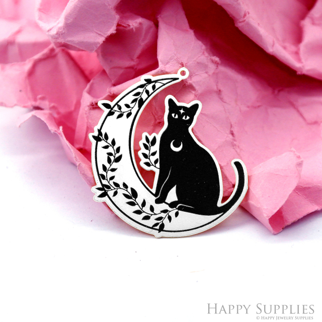 Making Jewelry Findings Raw Brass Bead Pendant Laser Cut Engraved Black Cat Charm For DIY Necklace Earrings(ERD303)