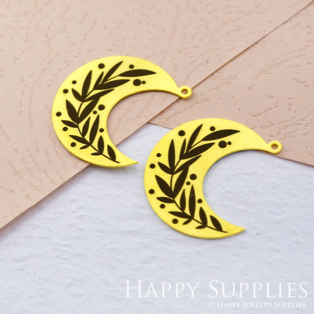 Making Jewelry Findings Raw Brass Bead Pendant Laser Cut Engraved Black Leaf Moon Charm For DIY Necklace Earrings(ERD022)