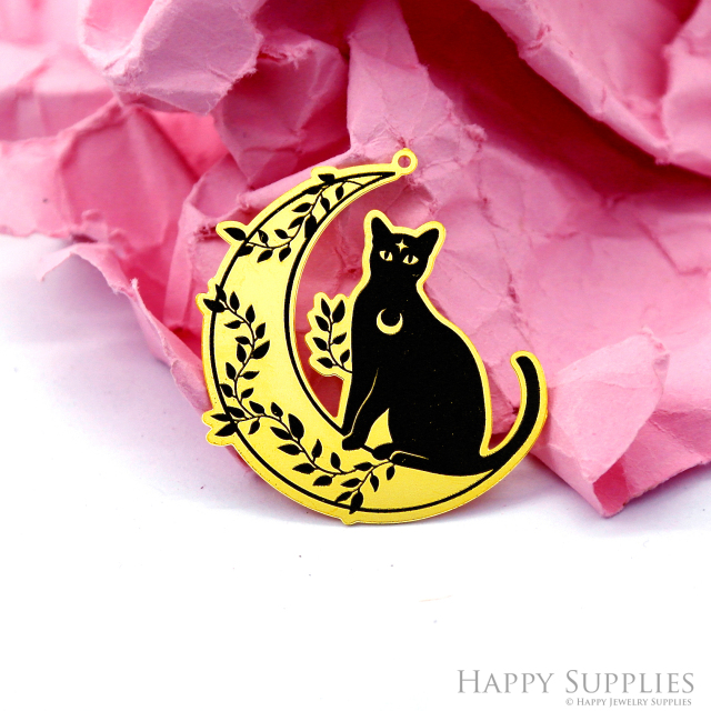 Making Jewelry Findings Raw Brass Bead Pendant Laser Cut Engraved Black Cat Charm For DIY Necklace Earrings(ERD303)