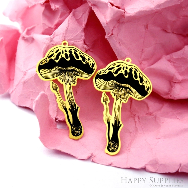Making Jewelry Findings Raw Brass Bead Pendant Laser Cut Engraved Black Mushroom Charm For DIY Necklace Earrings(ERD299)