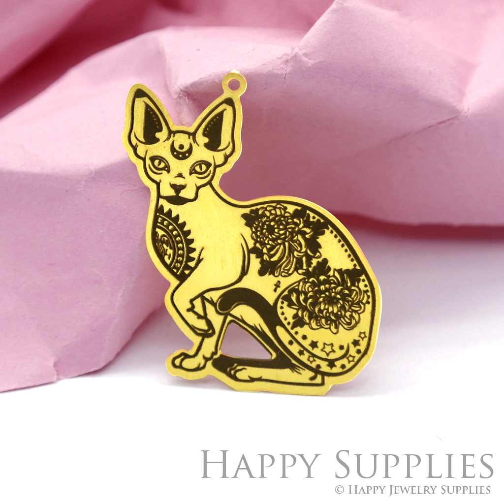 Making Jewelry Findings Raw Brass Bead Pendant Laser Cut Engraved Black Cat Charm For DIY Necklace Earrings(ERD006)