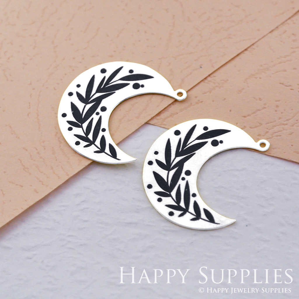 Making Jewelry Findings Raw Brass Bead Pendant Laser Cut Engraved Black Leaf Moon Charm For DIY Necklace Earrings(ERD022)