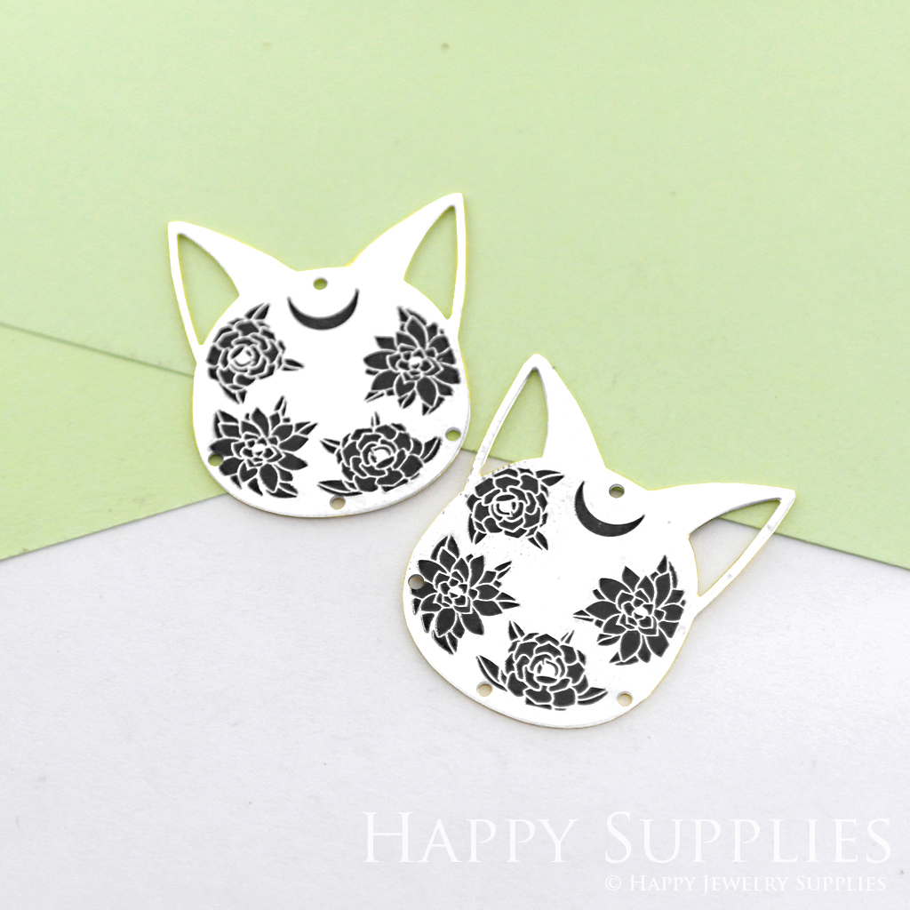 Making Jewelry Findings Raw Brass Bead Pendant Laser Cut Engraved Black Cat Charm For DIY Necklace Earrings(ERD67)