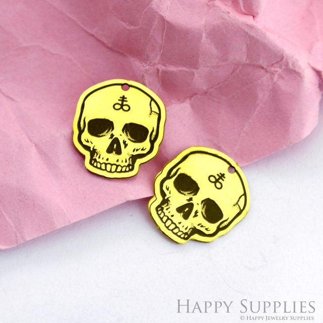 Making Jewelry Findings Raw Brass Bead Pendant Laser Cut Engraved Black Skull Charm For DIY Necklace Earrings(ERD126)