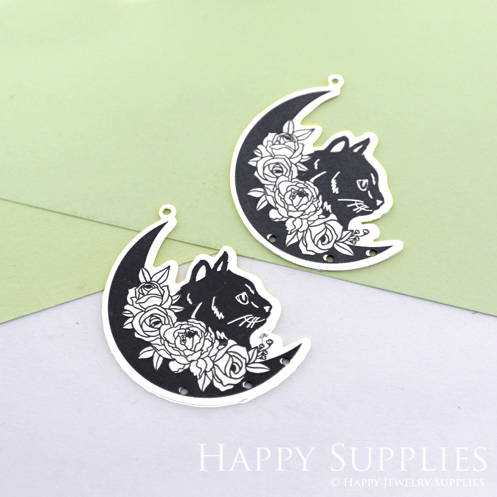 Making Jewelry Findings Raw Brass Bead Pendant Laser Cut Engraved Black Cat Charm For DIY Necklace Earrings(ERD68)