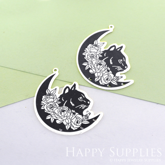 Making Jewelry Findings Raw Brass Bead Pendant Laser Cut Engraved Black Cat Charm For DIY Necklace Earrings(ERD68)