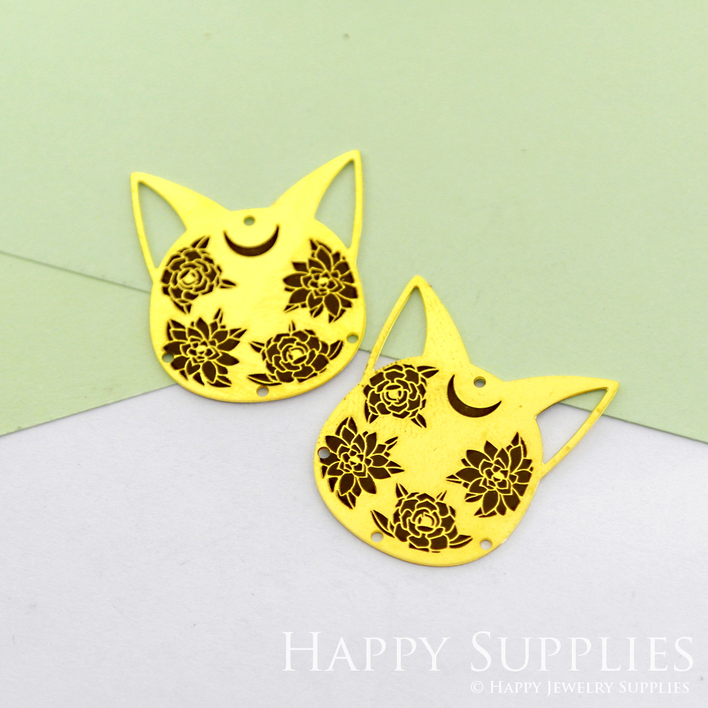 Making Jewelry Findings Raw Brass Bead Pendant Laser Cut Engraved Black Cat Charm For DIY Necklace Earrings(ERD67)