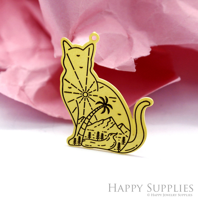 Making Jewelry Findings Raw Brass Bead Pendant Laser Cut Engraved Black Cat Charm For DIY Necklace Earrings(ERD113)