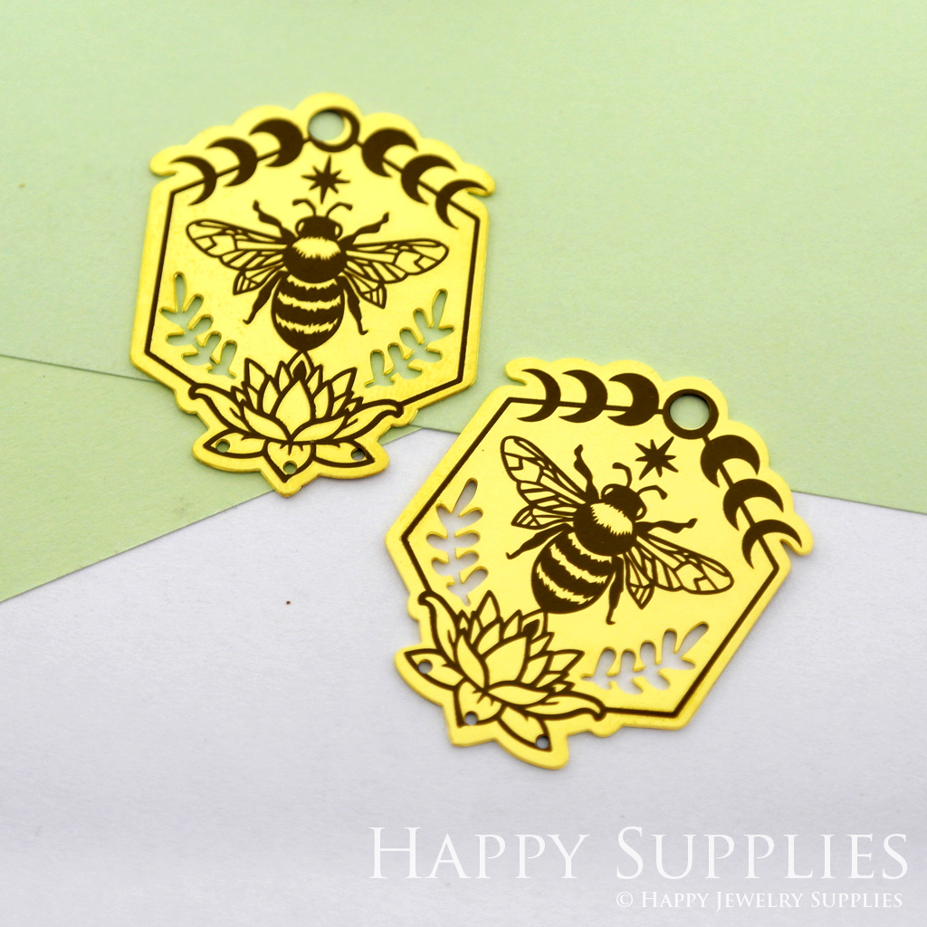 Making Jewelry Findings Raw Brass Bead Pendant Laser Cut Engraved Black Bee Charm For DIY Necklace Earrings(ERD88)