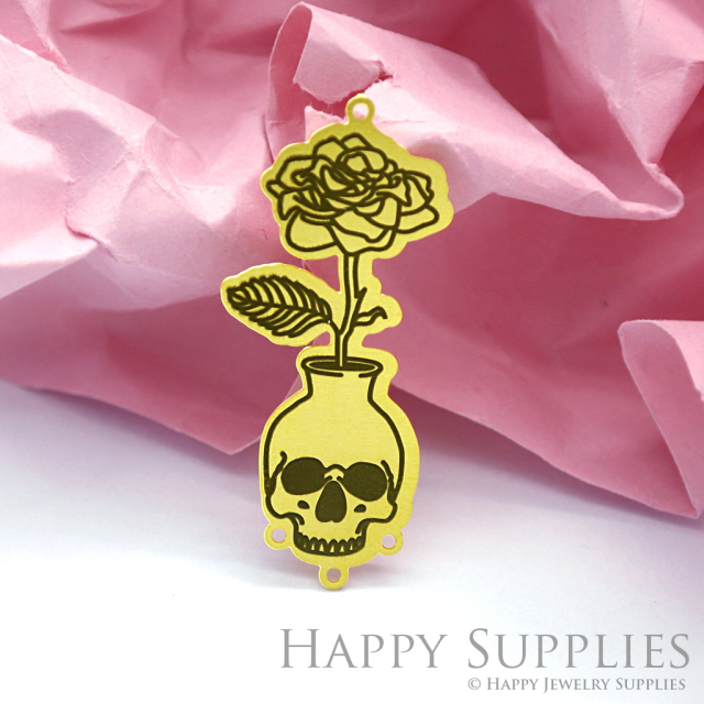 Making Jewelry Findings Raw Brass Bead Pendant Laser Cut Engraved Black Skull Charm For DIY Necklace Earrings(ERD91)