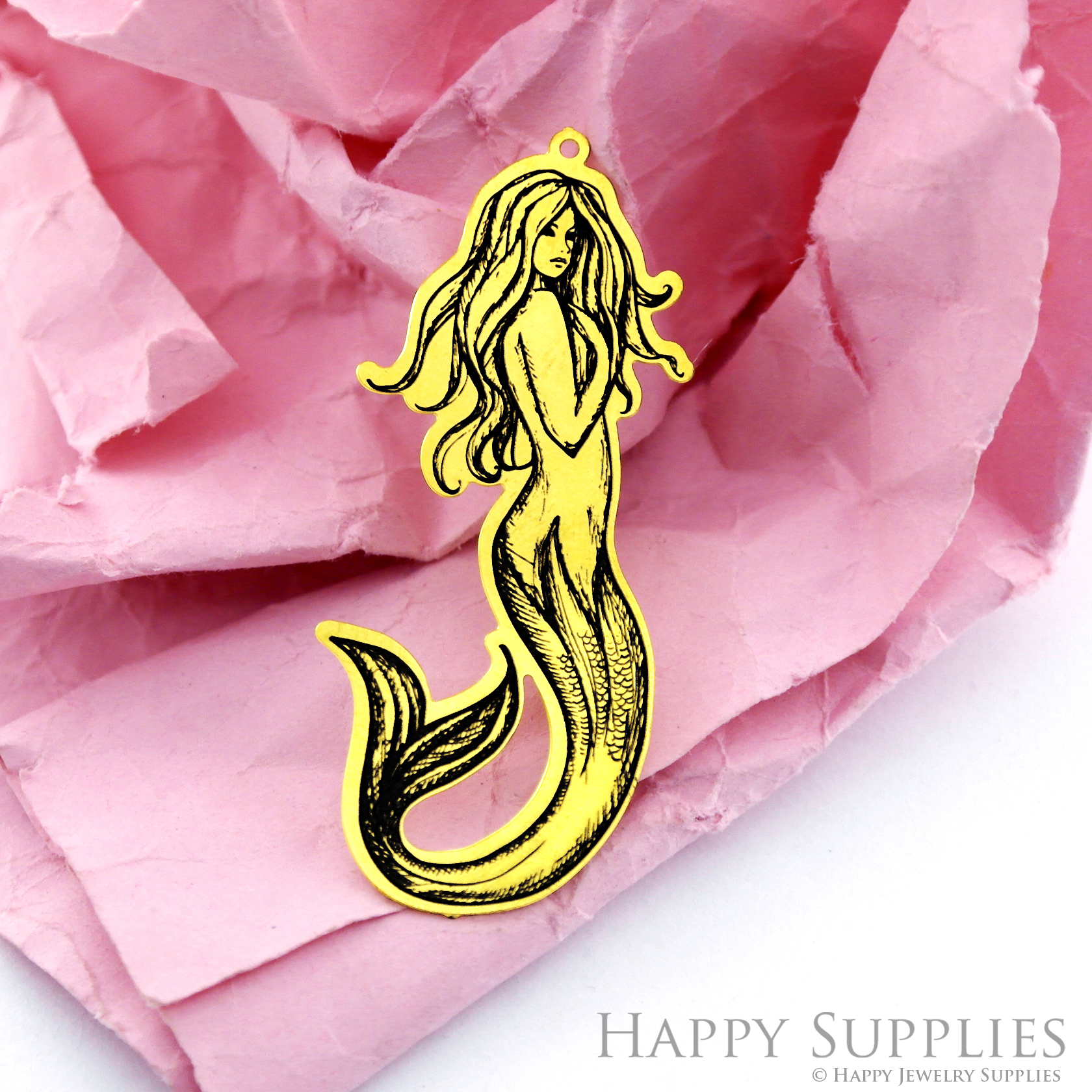 Making Jewelry Findings Raw Brass Bead Pendant Laser Cut Engraved Black Mermaid Charm For DIY Necklace Earrings (ERD187)
