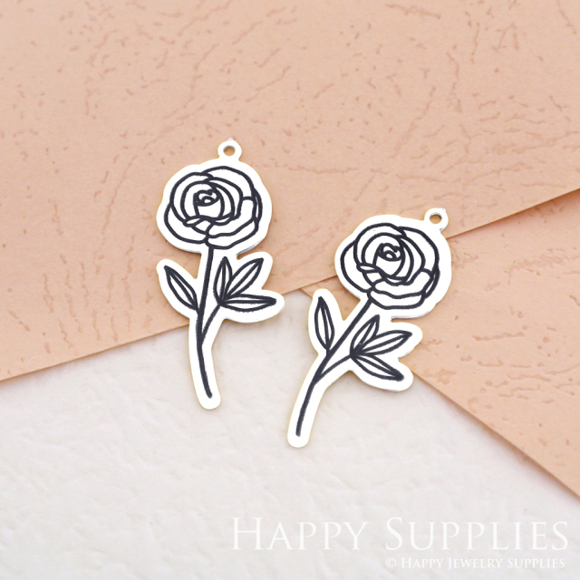 Making Jewelry Findings Stainless Steel Bead Metal Pendant Laser Cut Engraved Black Rose Charms For DIY Necklace Earrings (ESD063)