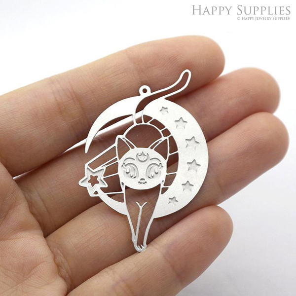 Corroded Stainless Steel Jewelry Charms,Cat Moon Stars Stainless Steel Earring Charms, Corroded Stainless Steel Silver Jewelry Pendants, Corroded Stainless Steel Silver Jewelry Findings, Corroded Stainless Steel Pendants Jewelry Wholesale (SSB144)