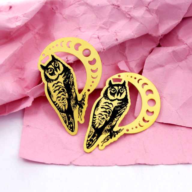 Making Jewelry Findings Raw Brass Bead Pendant Laser Cut Engraved Black Owl Charm For DIY Necklace Earrings (ERD277)
