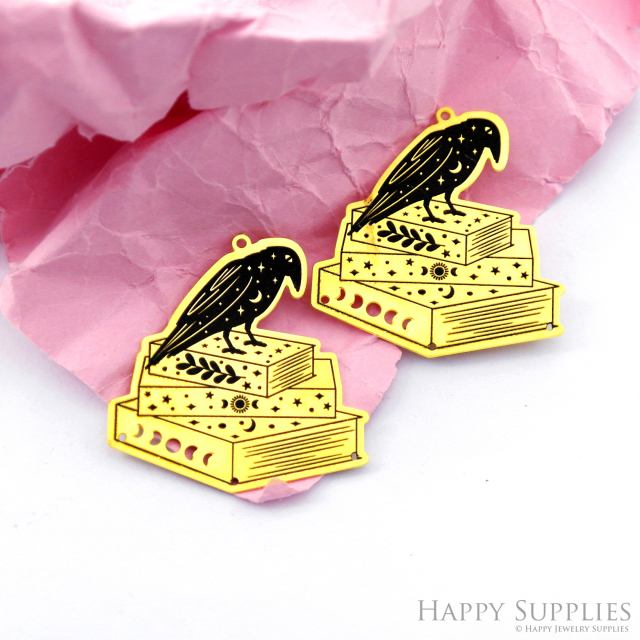 Making Jewelry Findings Raw Brass Bead Pendant Laser Cut Engraved Black Crow Charm For DIY Necklace Earrings (ERD282)