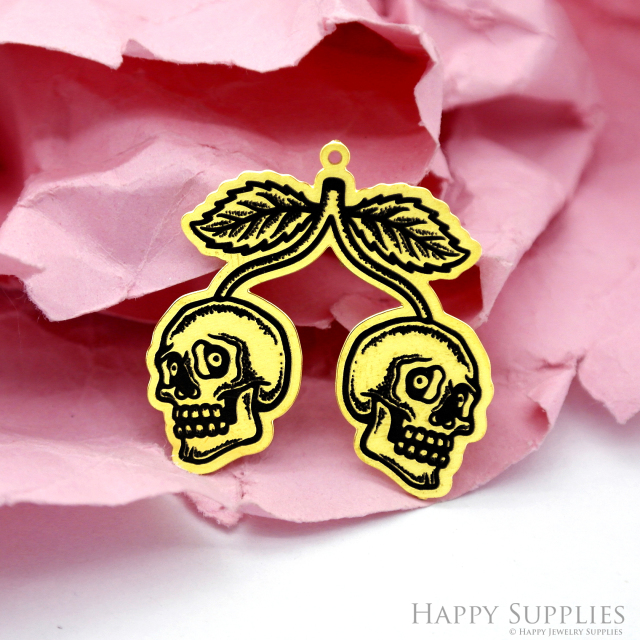 Making Jewelry Findings Raw Brass Bead Pendant Laser Cut Engraved Black Skull Charm For DIY Necklace Earrings (ERD212)