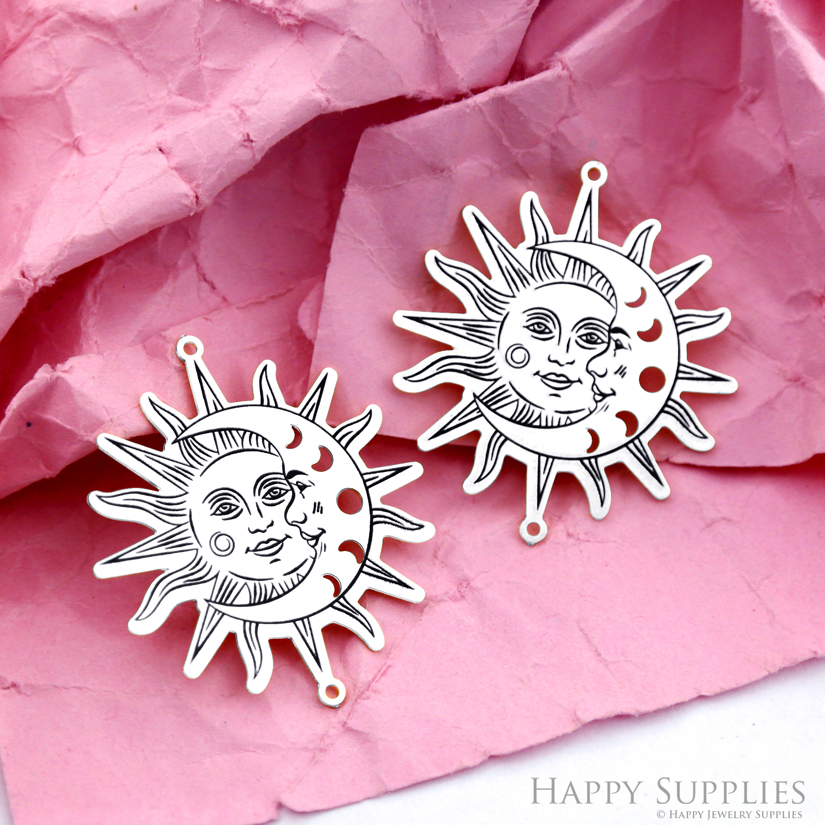 Making Jewelry Findings Raw Brass Bead Pendant Laser Cut Engraved Black Sun Moon Charm For DIY Necklace Earrings (ERD273)