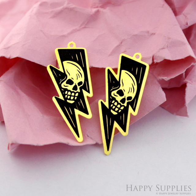 Making Jewelry Findings Raw Brass Bead Pendant Laser Cut Engraved Black Lightning Skull Charm For DIY Necklace Earrings (ERD242)