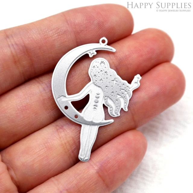 Corroded Stainless Steel Jewelry Charms, Moon Corroded Stainless Steel Earring Charms, Corroded Stainless Steel Silver Jewelry Pendants, Corroded Stainless Steel Silver Jewelry Findings, Corroded Stainless Steel Pendants Jewelry Wholesale (SSB584)