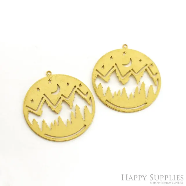 Brass Charms - Mountain Moon Stars Charms, Brass Findings, Earrings Charm, Raw Brass Pendent Connector, Making Jewelry Supplies (NZG344)