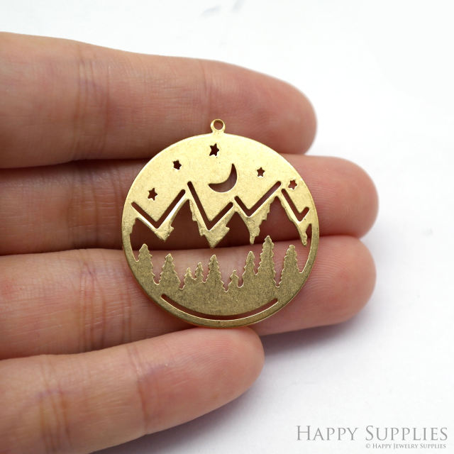 Brass Charms - Mountain Moon Stars Charms, Brass Findings, Earrings Charm, Raw Brass Pendent Connector, Making Jewelry Supplies (NZG344)