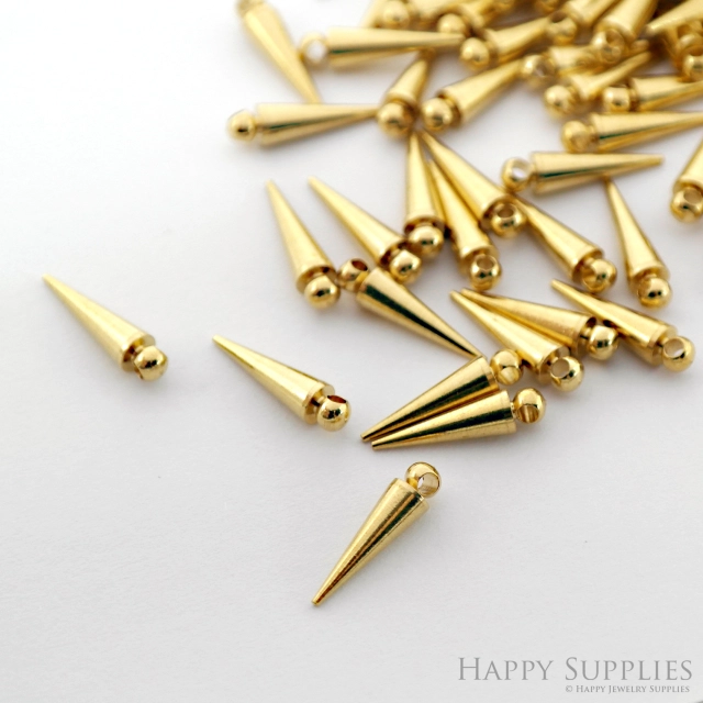 Brass Cone Charms - Raw Brass Spike - Tribal Pendants With Loop - Earring Findings - Jewelry Supplies (NZG340)