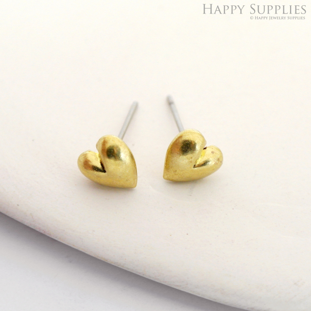 Heart Stud Earrings - Raw Brass Love Stud - Stainless Steel Earring Posts - Ear Studs - Jewelry Supplies for Earrings (NZG367)