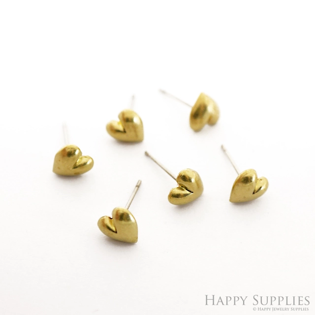 Heart Stud Earrings - Raw Brass Love Stud - Stainless Steel Earring Posts - Ear Studs - Jewelry Supplies for Earrings (NZG367)