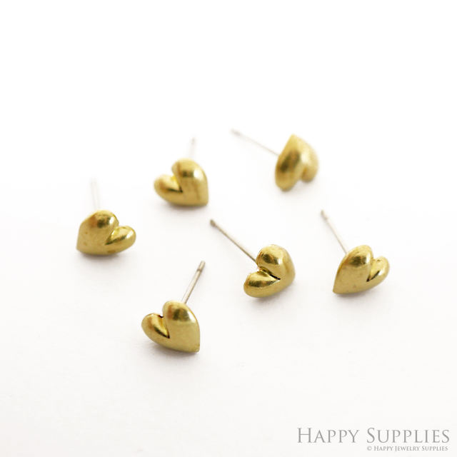 Heart Stud Earrings - Raw Brass Love Stud - Stainless Steel Earring Posts - Ear Studs - Jewelry Supplies for Earrings (NZG367)