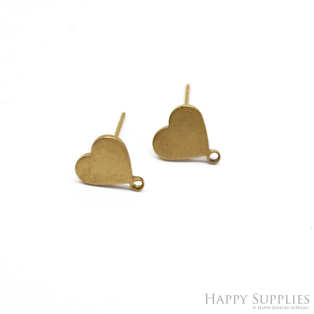 Heart Stud Earrings - Raw Brass Love Stud - Stainless Steel Earring Posts - Ear Studs - Jewelry Supplies for Earrings (NZG364)