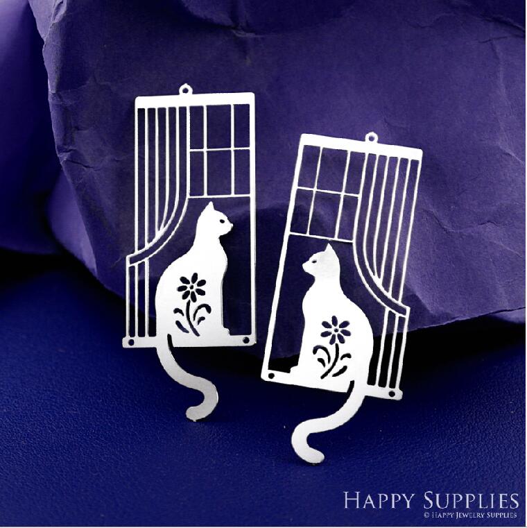 Stainless Steel Jewelry Charms, Cat Stainless Steel Earring Charms, Stainless Steel Silver Jewelry Pendants, Stainless Steel Silver Jewelry Findings, Stainless Steel Pendants Jewelry Wholesale (SSD2643)