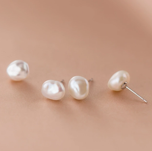 Stud Earrings,Sterling Silver Stud Earrings,Tiny Stud Earrings,Minimalist Earrings,Earrings Studs,Earring Findings, Geometric Baroque pearl Earrings (YER147)