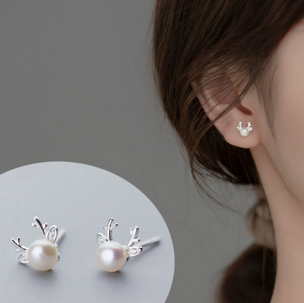 Stud Earrings,Sterling Silver Stud Earrings,Tiny Stud Earrings,Minimalist Earrings,Earrings Studs,Earring Findings, Geometric Christmas elk Pearl Earrings (YER156)