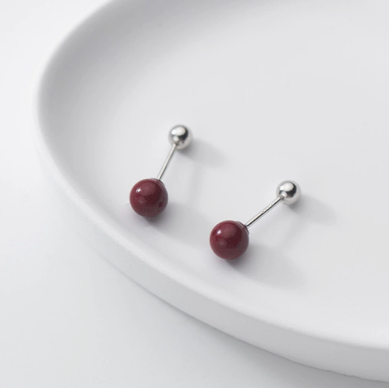 Stud Earrings,Sterling Silver Stud Earrings,Tiny Stud Earrings,Minimalist Earrings,Earrings Studs,Earring Findings, Geometric Red vermilion stone round Earrings (YER162)