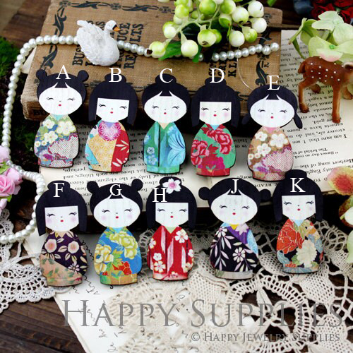 Handmade Jewelry Making Supplies Beads Cut Wooden Japanese Doll Charm For DIY Necklace Earring Brooch (CWD06)