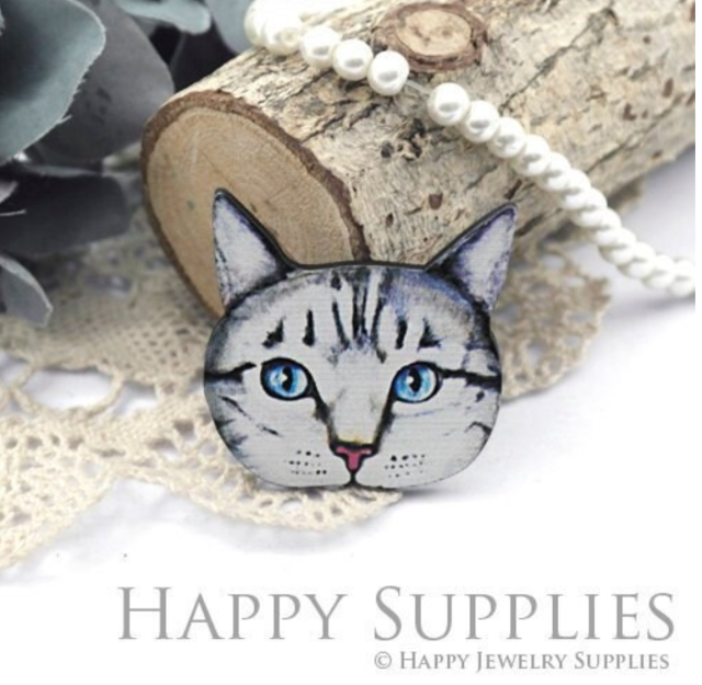 Handmade Jewelry Making Supplies Beads Cut Wooden Cat Charm For DIY Necklace Earring Brooch (CW106-D)