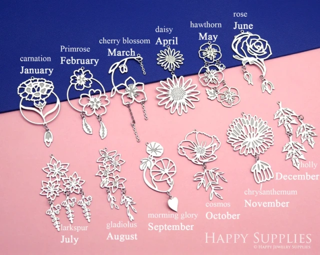 Stainless Steel Jewelry Charms, Raw Brass Charms, Twelve Birthday Flowers Charms, Earrings Findings, Stainless Steel Silver Jewelry Pendants, Brass Jewelry Findings, Stainless Steel Pendants Jewelry Wholesale (SSB890)