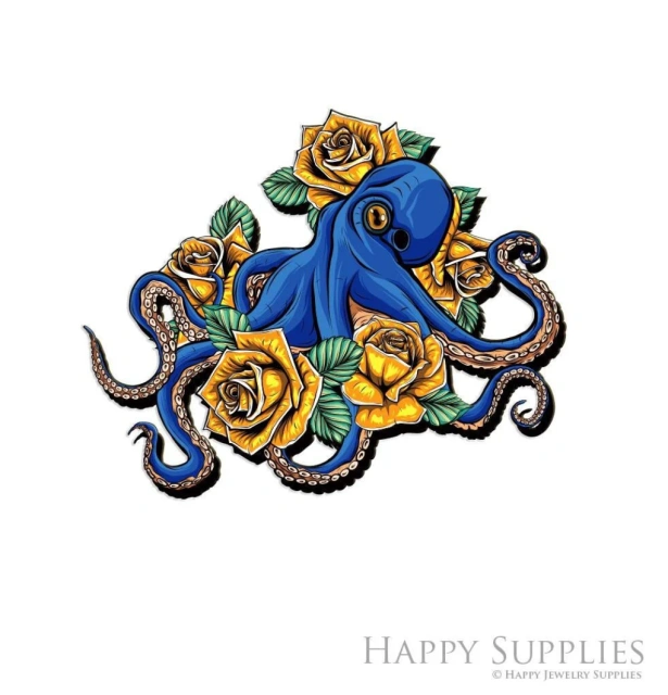 Handmade Jewelry Making Supplies Beads Cut Wooden Charm Blue Octopus DIY Necklace Earring Brooch (CW1028)