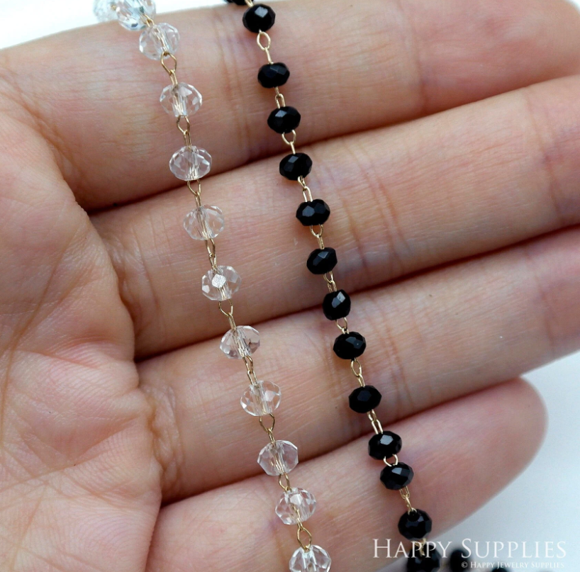 Crystal Glass Faceted Round Bead Chain 3mm/4mm, Silver/Gold plated Brass Chain with Glass Rondelle Beads, Transparent Crystal Ball Beads