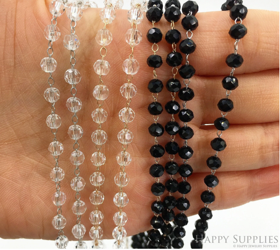 Crystal Glass Faceted Round Bead Chain 3mm/4mm, Silver/Gold plated Brass Chain with Glass Rondelle Beads, Transparent Crystal Ball Beads