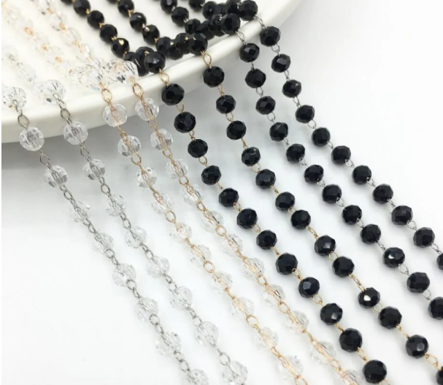 Crystal Glass Faceted Round Bead Chain 3mm/4mm, Silver/Gold plated Brass Chain with Glass Rondelle Beads, Transparent Crystal Ball Beads