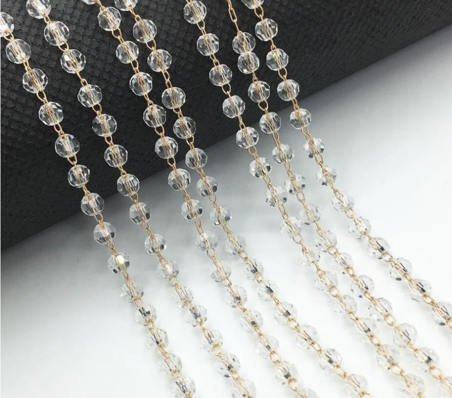 Crystal Glass Faceted Round Bead Chain 3mm/4mm, Silver/Gold plated Brass Chain with Glass Rondelle Beads, Transparent Crystal Ball Beads