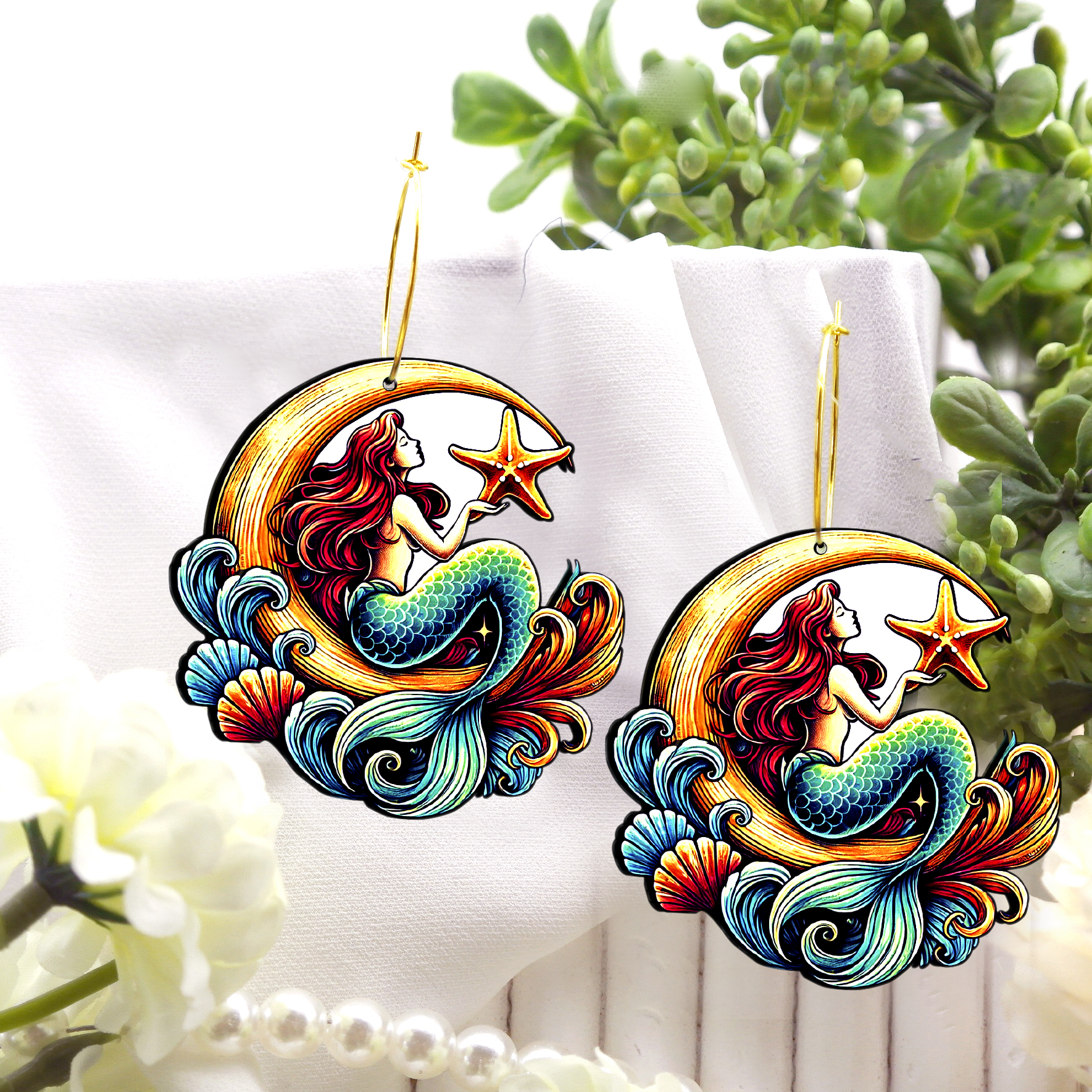 2pcs Handmade Jewelry Making Supplies Beads Cut Wooden Mermaid Charm For DIY Necklace Earring Brooch (WE304)