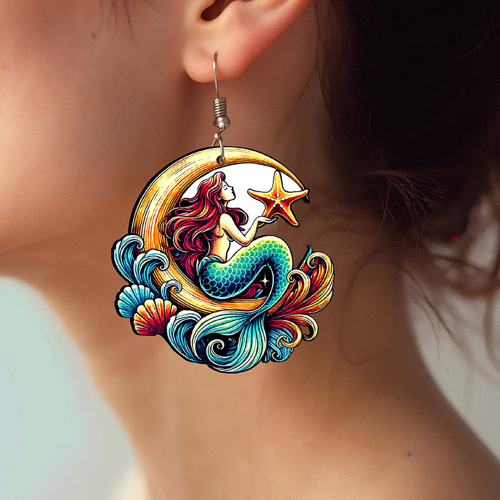 2pcs Handmade Jewelry Making Supplies Beads Cut Wooden Mermaid Charm For DIY Necklace Earring Brooch (WE304)