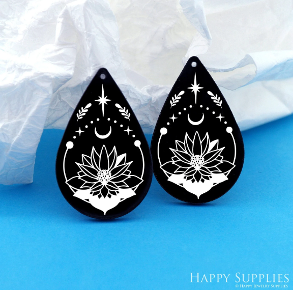 Black Acrylic Earrings Charms, Lotus Earring Charms, Acrylic Pendants, Earring Findings, Jewelry Supplies (BAH122)