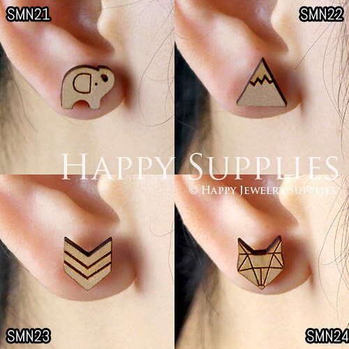 4pcs Handmade Jewelry Making Supplies Wooden Charm, DIY Necklace Earrings Brooch, Laser Cut Wooden Charms, Mini Wooden Charms (SMN21-24)