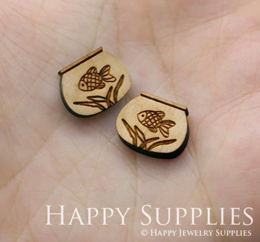 4pcs Handmade Jewelry Making Supplies Wooden Charm, DIY Necklace Earrings Brooch, Laser Cut Fish tank Wooden Charms, Mini Wooden Charms (SWC179)