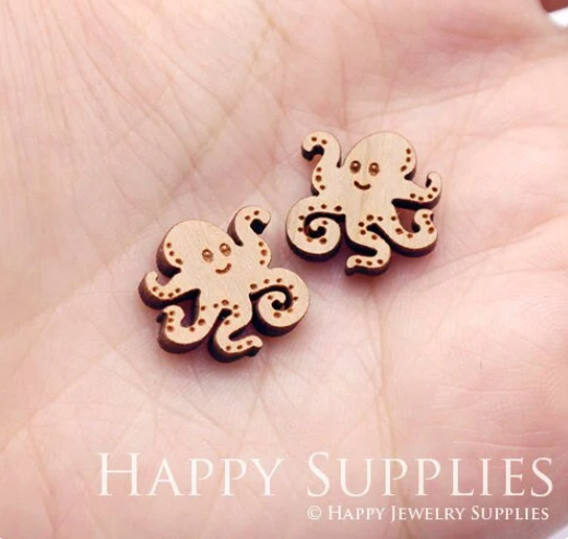 4pcs Handmade Jewelry Making Supplies Wooden Charm, DIY Necklace Earrings Brooch, Laser Cut Octopus Wooden Charms, Mini Wooden Charms (SWC312)
