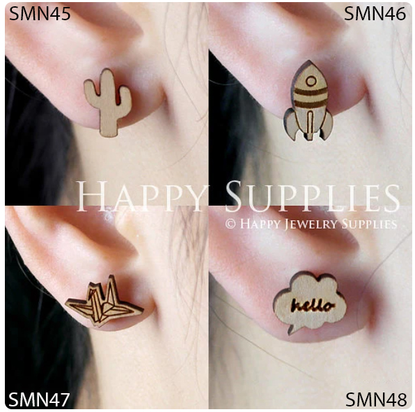 4pcs Handmade Jewelry Making Supplies Wooden Charm, DIY Necklace Earrings Brooch, Laser Cut Wooden Charms, Mini Wooden Charms (SMN45-48)